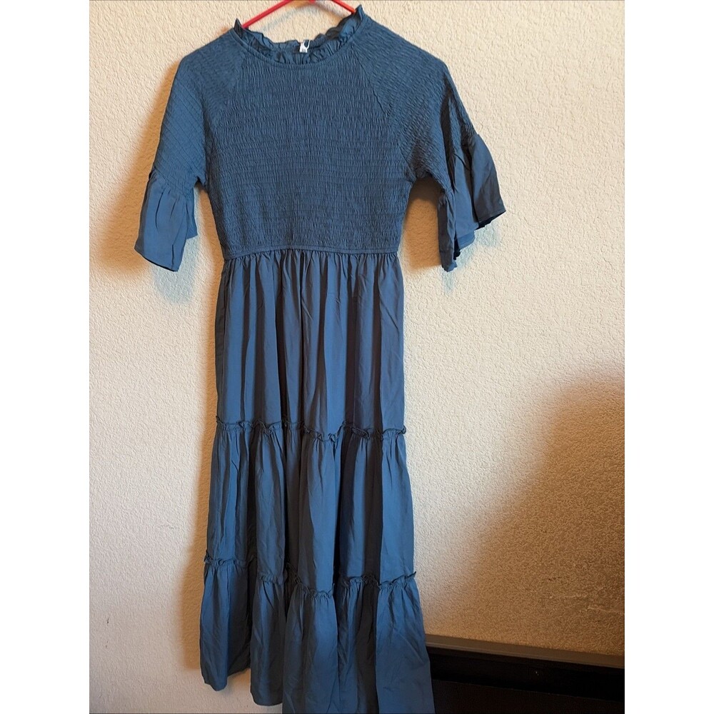 New Tiered Midi Dress smocked top Flutter sleeves Peasant Boho Western Hippie Xs